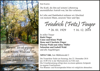 Traueranzeige von Friedrich Finger von WLZ