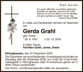 Traueranzeige von Gerda Grahl von WLZ