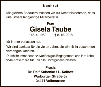 Traueranzeige von Gisela Taube von WLZ