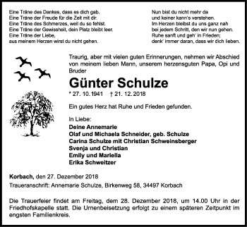 Traueranzeige von Günter Schulze von WLZ
