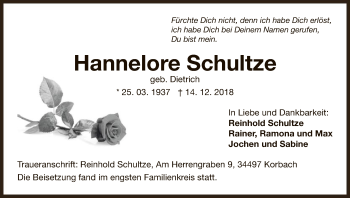 Traueranzeige von Hannelore Schultze von WLZ