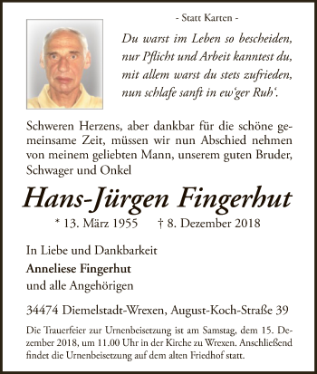 Traueranzeige von Hans-Jürgen Fingerhut von WLZ