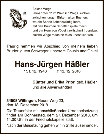 Traueranzeige von Hans-Jürgen Häßler von WLZ