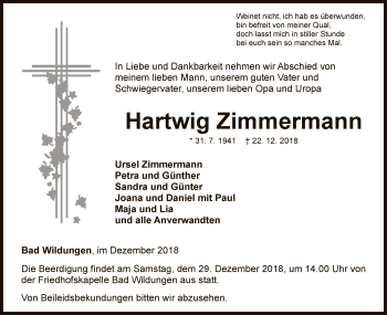 Traueranzeige von Hartwig Zimmermann von WLZ