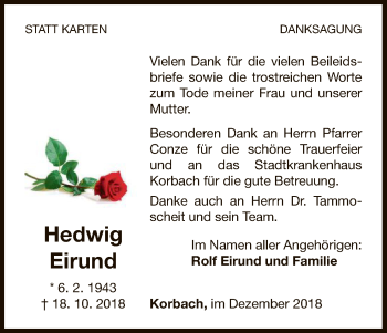 Traueranzeige von Hedwig Eirund von WLZ