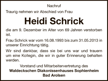 Traueranzeige von Heidi Schrick von WLZ