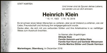 Traueranzeige von Heinrich Klein von WLZ