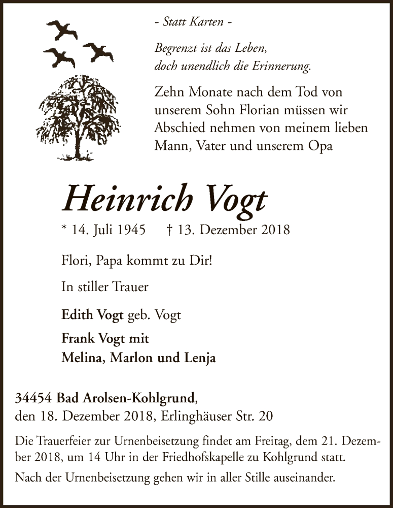  Traueranzeige für Heinrich Vogt vom 18.12.2018 aus WLZ