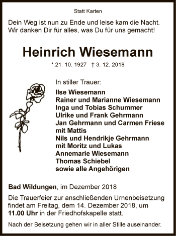 Traueranzeige von Heinrich Wiesemann von WLZ