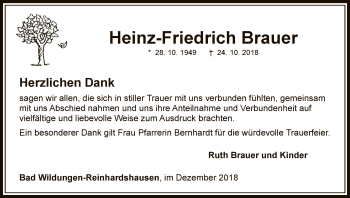 Traueranzeige von Heinz-Friedrich Brauer von WLZ