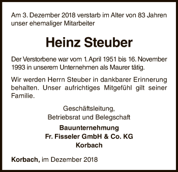 Traueranzeige von Heinz Steuber von WLZ
