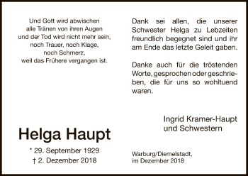 Traueranzeige von Helga Haupt von WLZ