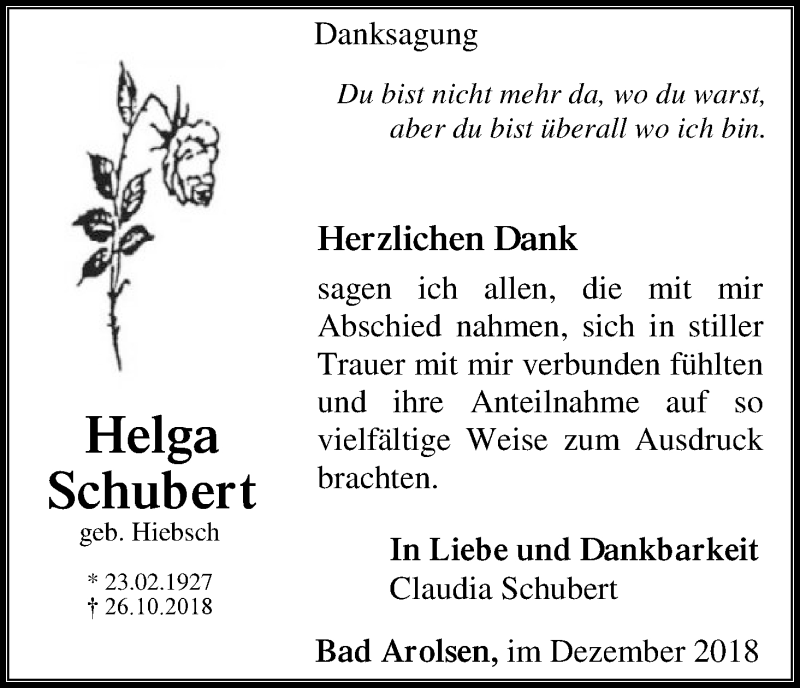  Traueranzeige für Helga Schubert vom 22.12.2018 aus WLZ