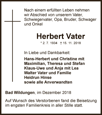 Traueranzeige von Herbert Vater von WLZ
