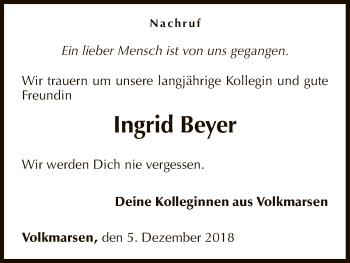 Traueranzeige von Ingrid Beyer von WLZ