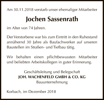 Traueranzeige von Jochen Sassenrath von WLZ