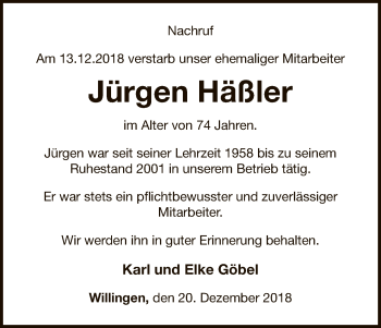 Traueranzeige von Jürgen Häßler von WLZ