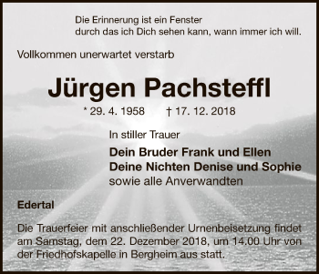Traueranzeige von Jürgen Pachsteffl von WLZ