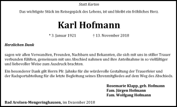 Traueranzeige von Karl Hofmann von WLZ