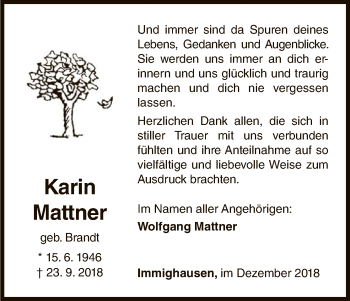 Traueranzeige von Kartin Mattner von WLZ