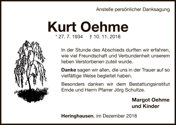 Traueranzeige von Kurt Oehme von WLZ