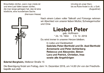 Traueranzeige von Liesbet Peter von WLZ