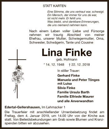 Traueranzeige von Lina Finke von WLZ