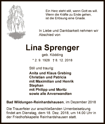 Traueranzeige von Lina Sprenger von WLZ