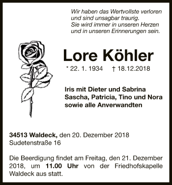 Traueranzeige von Lore Köhler von WLZ