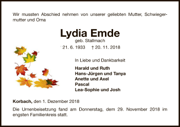 Traueranzeige von Lydia Emde von WLZ
