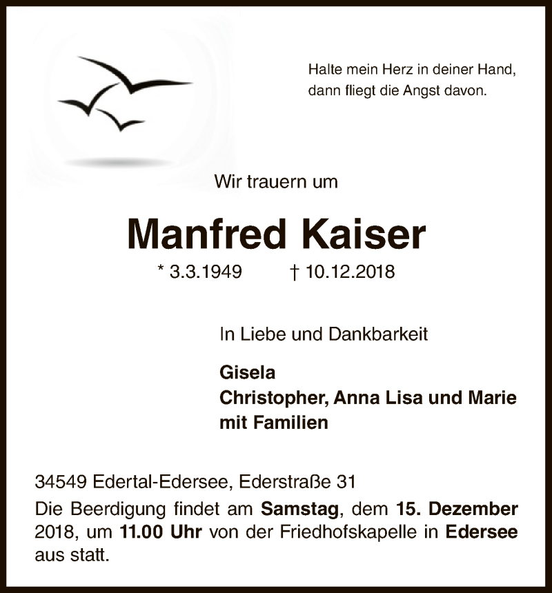  Traueranzeige für Manfred Kaiser vom 12.12.2018 aus WLZ