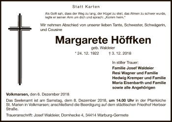 Traueranzeige von Margarete Höffken von WLZ