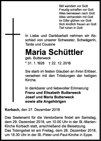 Traueranzeige von Maria Schüttler von WLZ