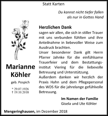 Traueranzeige von Marianne Köhler von WLZ