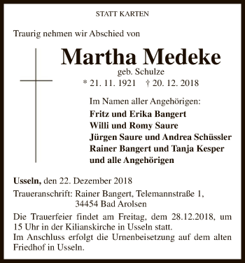 Traueranzeige von Martha Medeke von WLZ