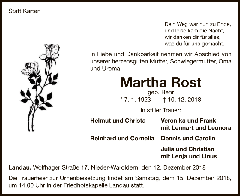  Traueranzeige für Martha Rost vom 12.12.2018 aus WLZ