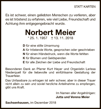 Traueranzeige von Norbert Meier von WLZ