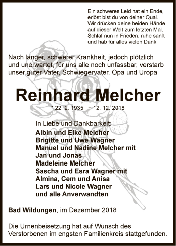 Traueranzeige von Reinhard Melcher von WLZ