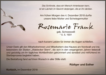 Traueranzeige von Rosemarie Frank von WLZ