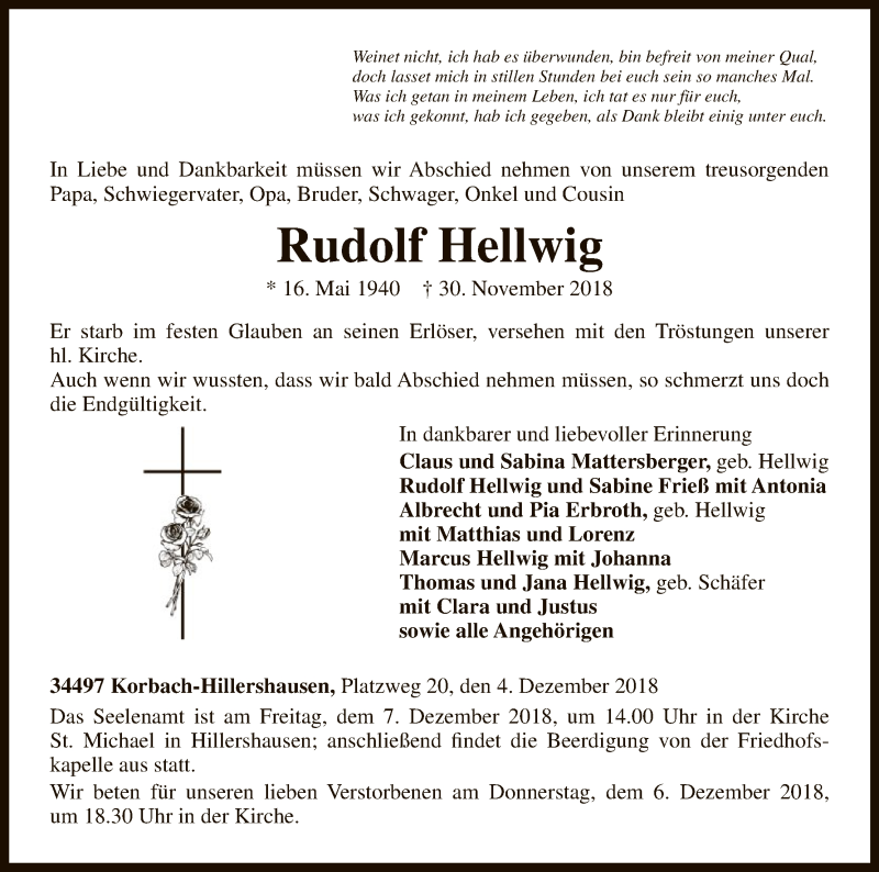  Traueranzeige für Rudolf Hellwig vom 04.12.2018 aus WLZ