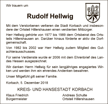 Traueranzeige von Rudolf Hellwig von WLZ