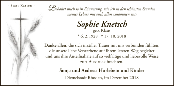 Traueranzeige von Sophie Knetsch von WLZ