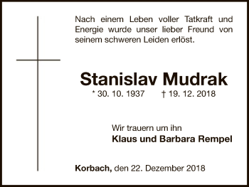 Traueranzeige von Stanislav Mudrak von WLZ