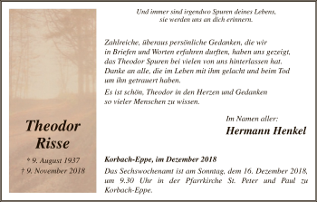 Traueranzeige von Theodor Risse von WLZ