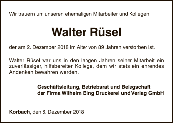 Traueranzeige von Walter Rüsel von WLZ