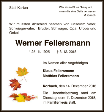 Traueranzeige von Werner Fellersmann von WLZ