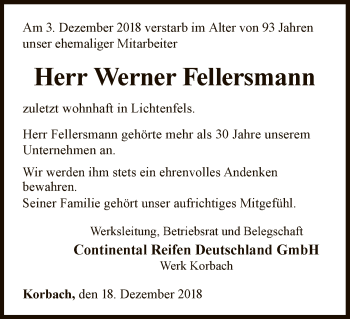 Traueranzeige von Werner Fellersmann von WLZ