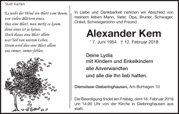 Traueranzeige von Alexander Kem von Waldeckische Landeszeitung