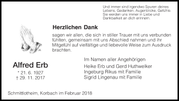 Traueranzeige von Alfred Erb von Waldeckische Landeszeitung