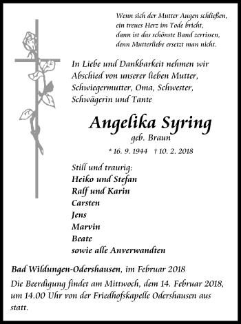 Traueranzeige von Angelika Syring von Waldeckische Landeszeitung